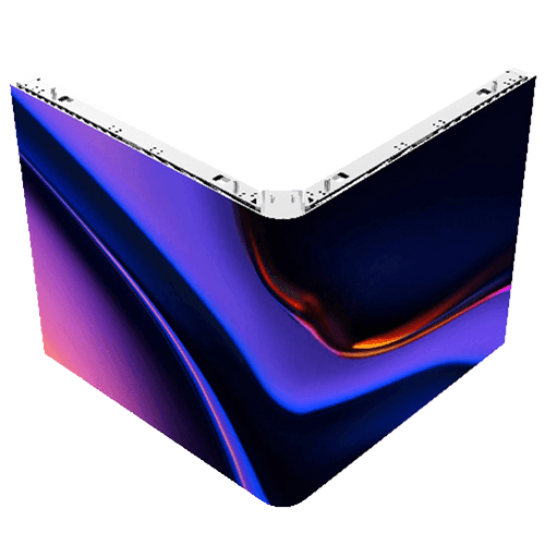 Angled view of a foldable LED screen with vibrant blue and purple colors on the display.