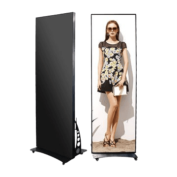 Two digital signage displays, one blank and one showing a woman in a floral dress and sunglasses.